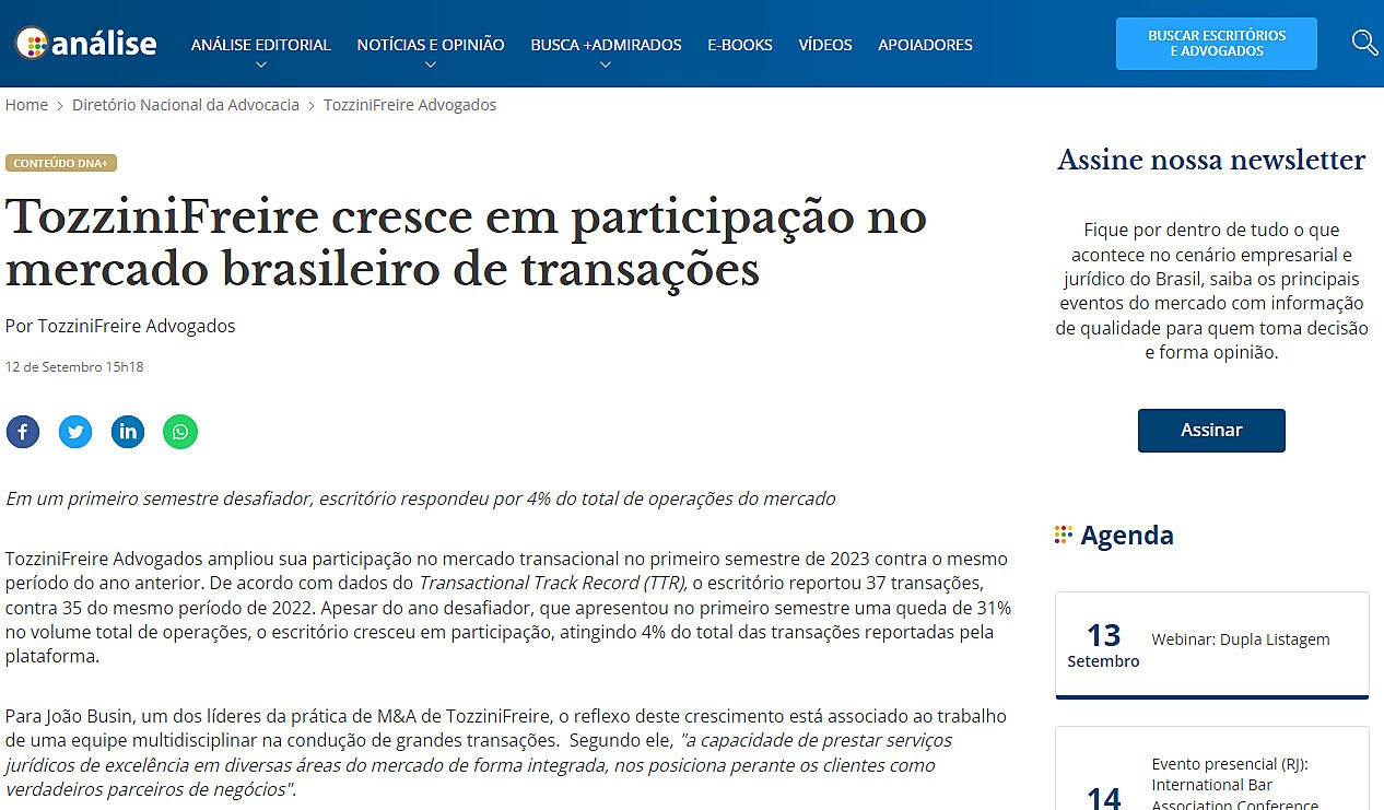 TozziniFreire cresce em participao no mercado brasileiro de transaes